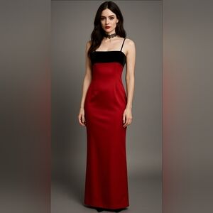 Vintage Y2K Alex Evenings Satin Velvet Formal Dress Gown Size 10 Red Black Prom